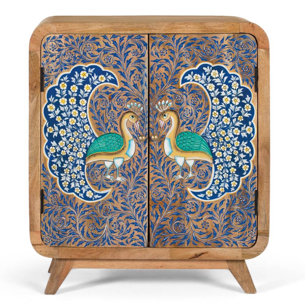 Boho Kommode mit Pfauen Motiv bemalt - Foglia