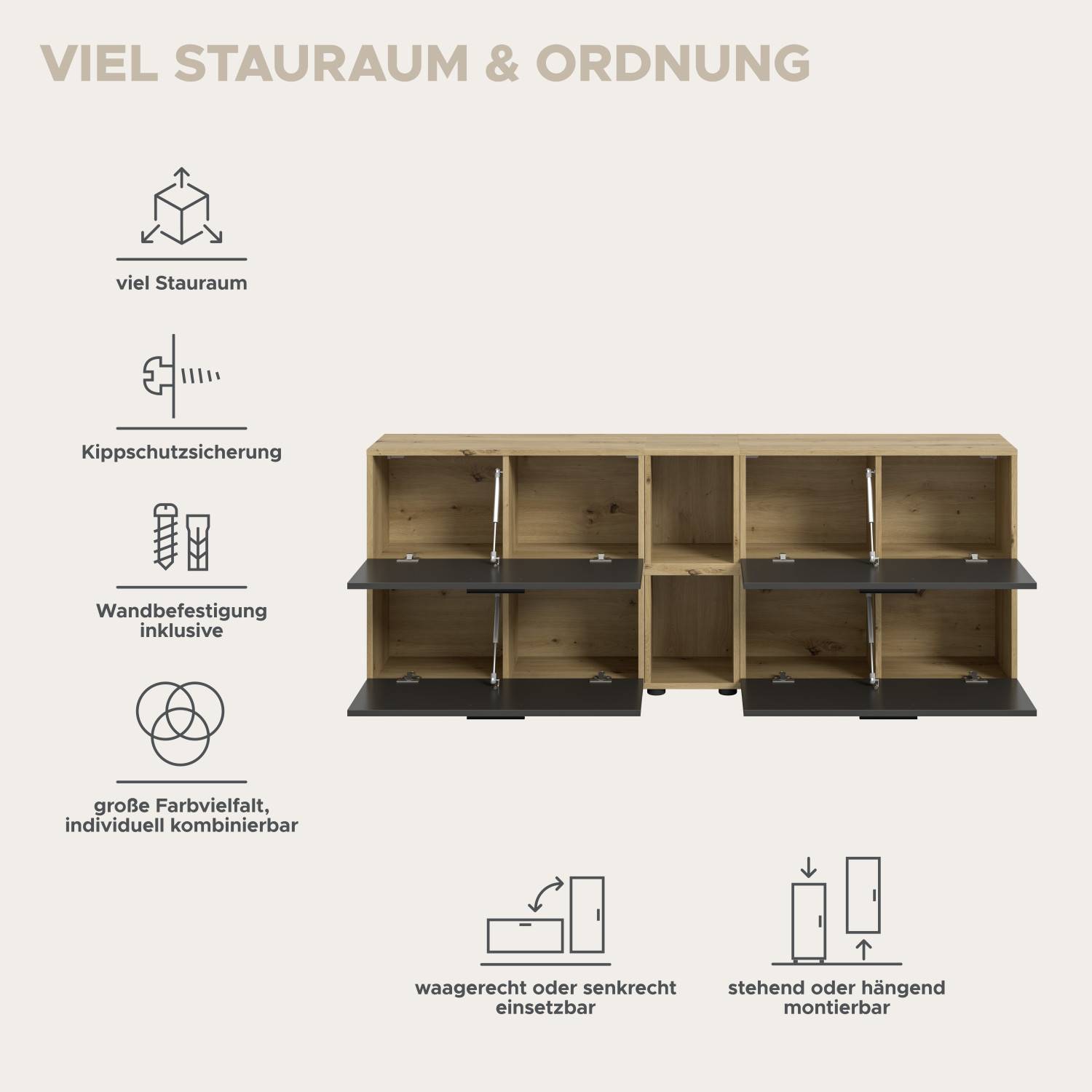 Modulare Wohnwand mit viel Stauraum, Kippschutz und flexiblen Montageoptionen – Estoron
