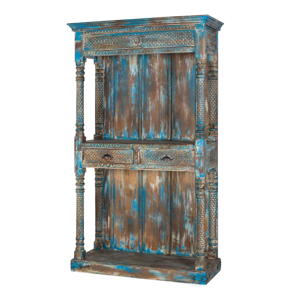 Blaues Shabby Chic Holzregal mit Vintage-Lackierung und geschnitzten Details – Emrene