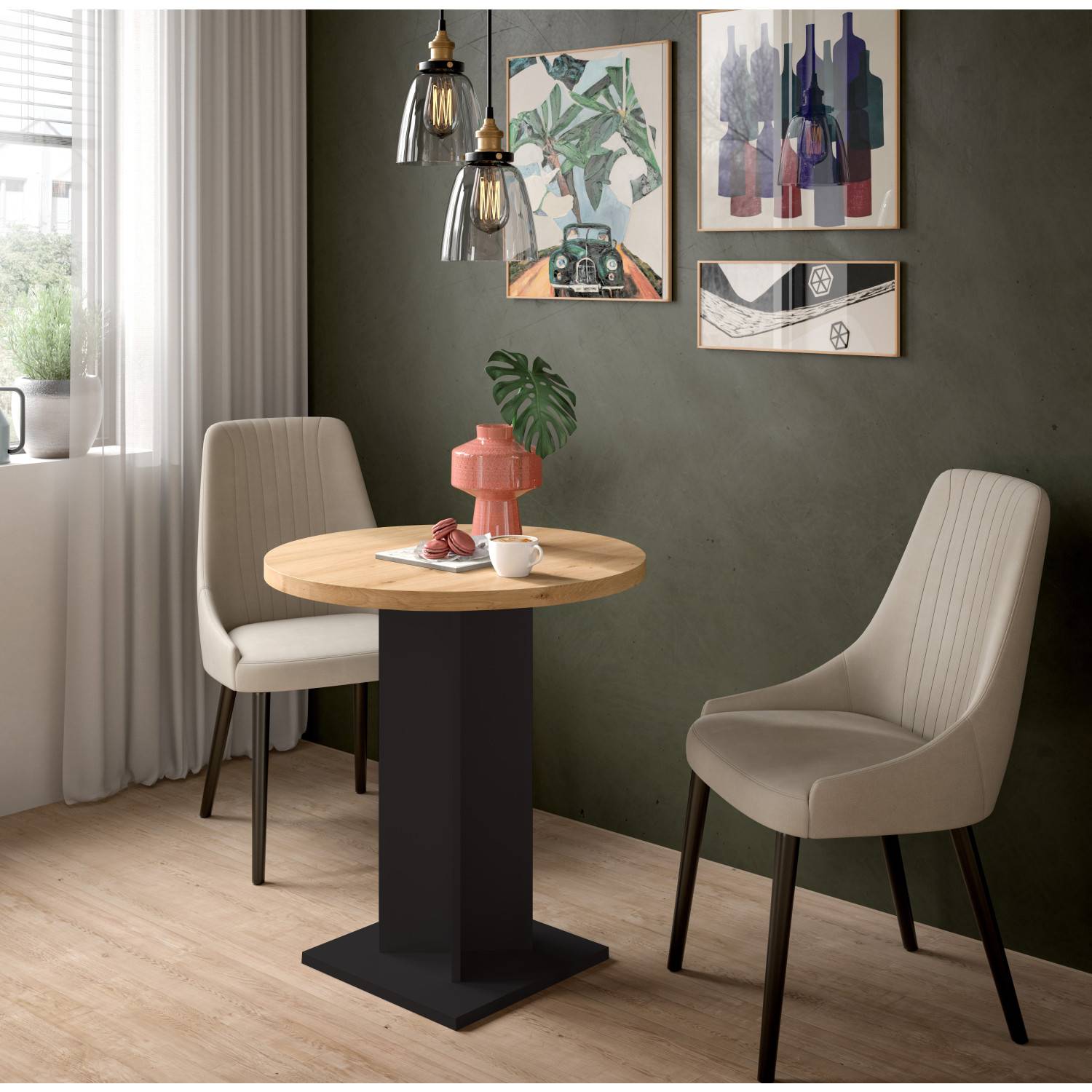 Runder Bartisch mit heller Holzplatte und schwarzem Fuß im modernen Esszimmer – Norjan