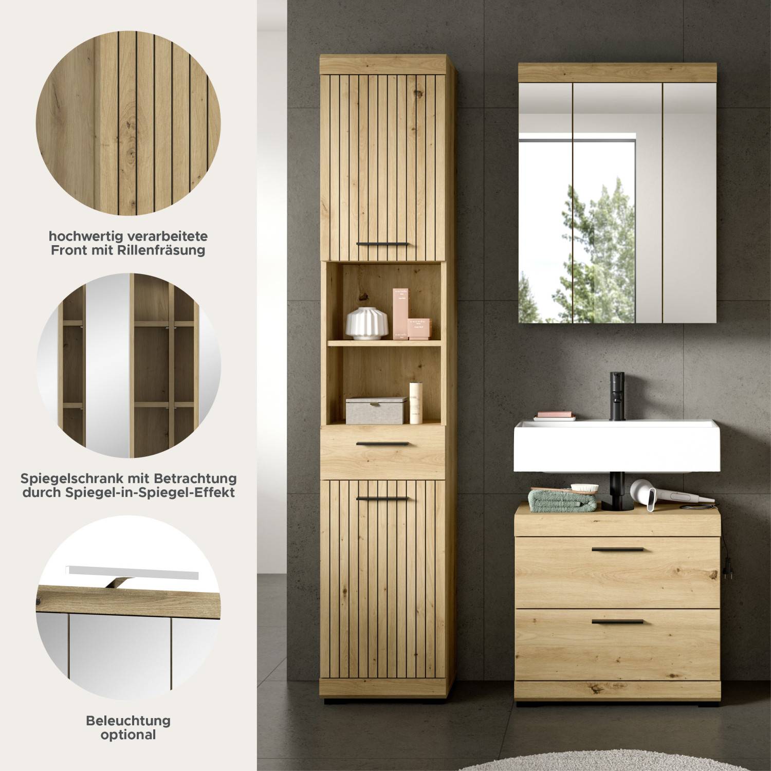 Hochwertig verarbeitete Front mit Rillenfräsung und Spiegelschrank mit Beleuchtung optional – Lasewood
