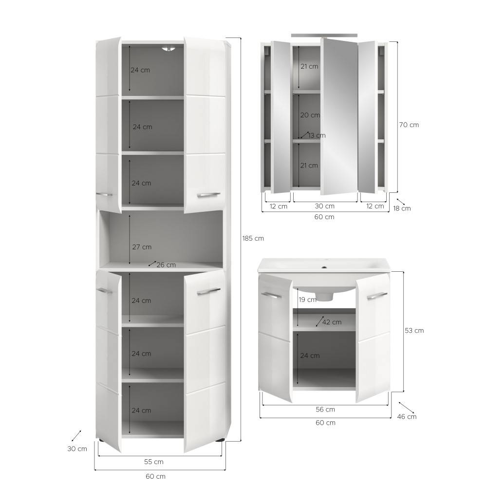 Maße und Abmessungen des Badmöbel Sets mit Hochschrank, Spiegelschrank und Waschtischunterschrank – Clona