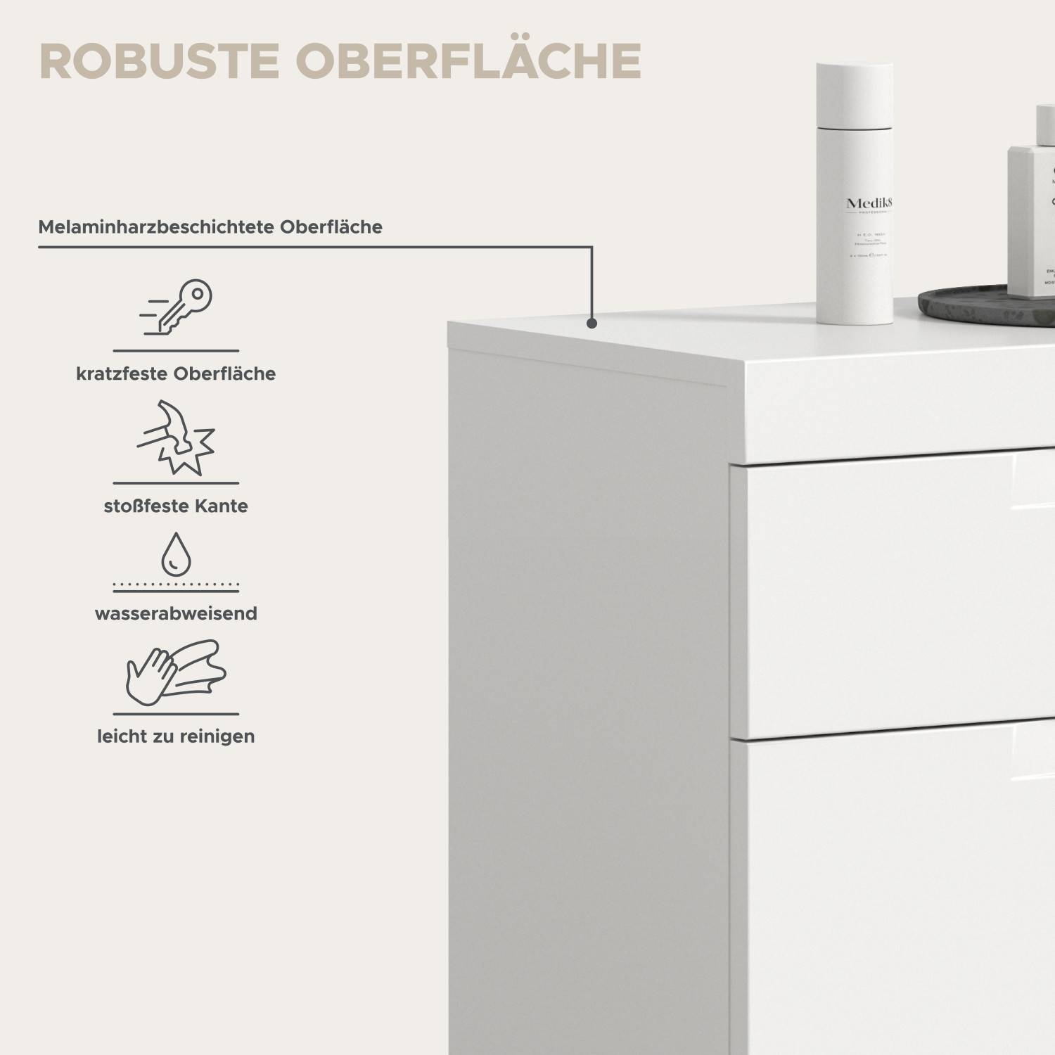 Robuste, kratzfeste und wasserabweisende Oberfläche des weißen Badschranks, leicht zu reinigen – Bruna