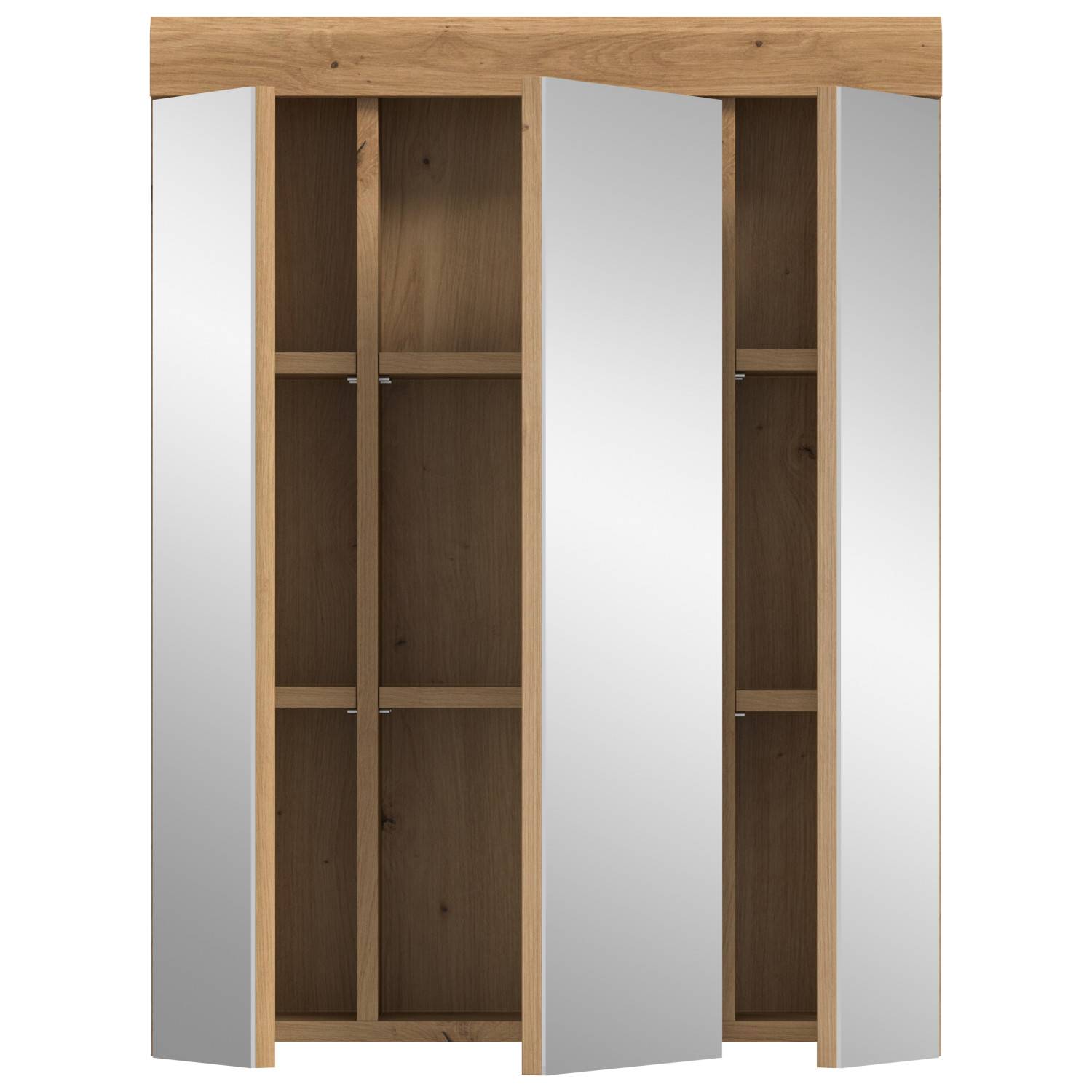 Wandschrank mit geöffneten Spiegeltüren und variablen Einlegeböden für das Badezimmer – Lasewood