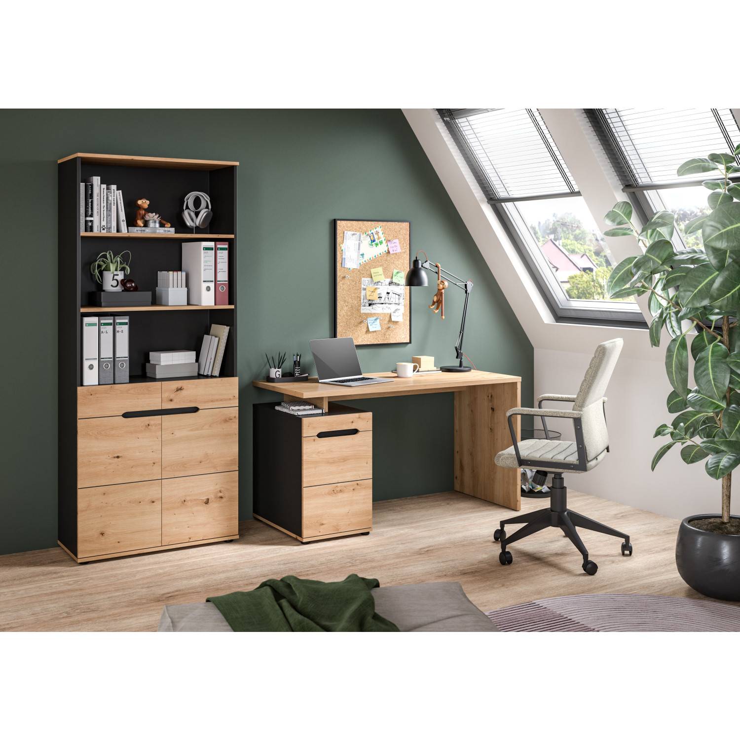 Büroschreibtisch im Arbeitszimmer mit passendem Regal und Rollcontainer in Eiche Artisan Dekor – Irysma