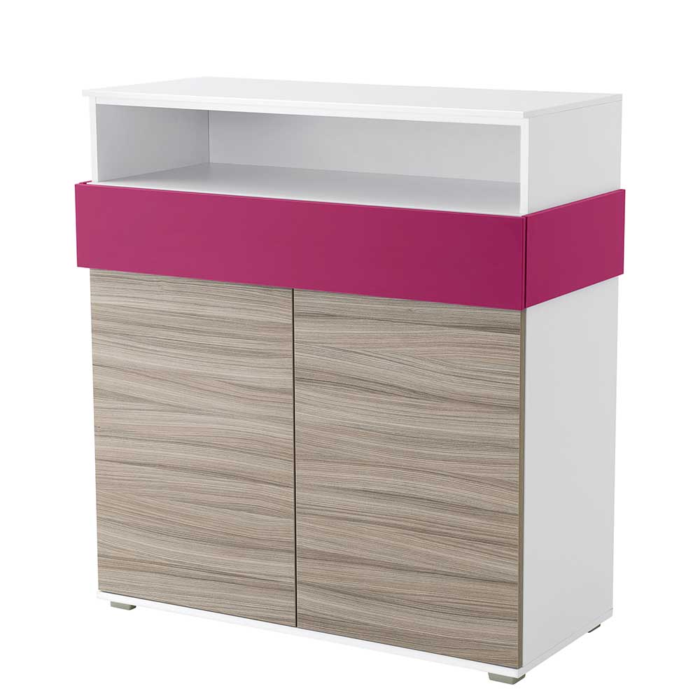 Moderne Kommode Oedo mit Holz Dekor Weiß und Pink