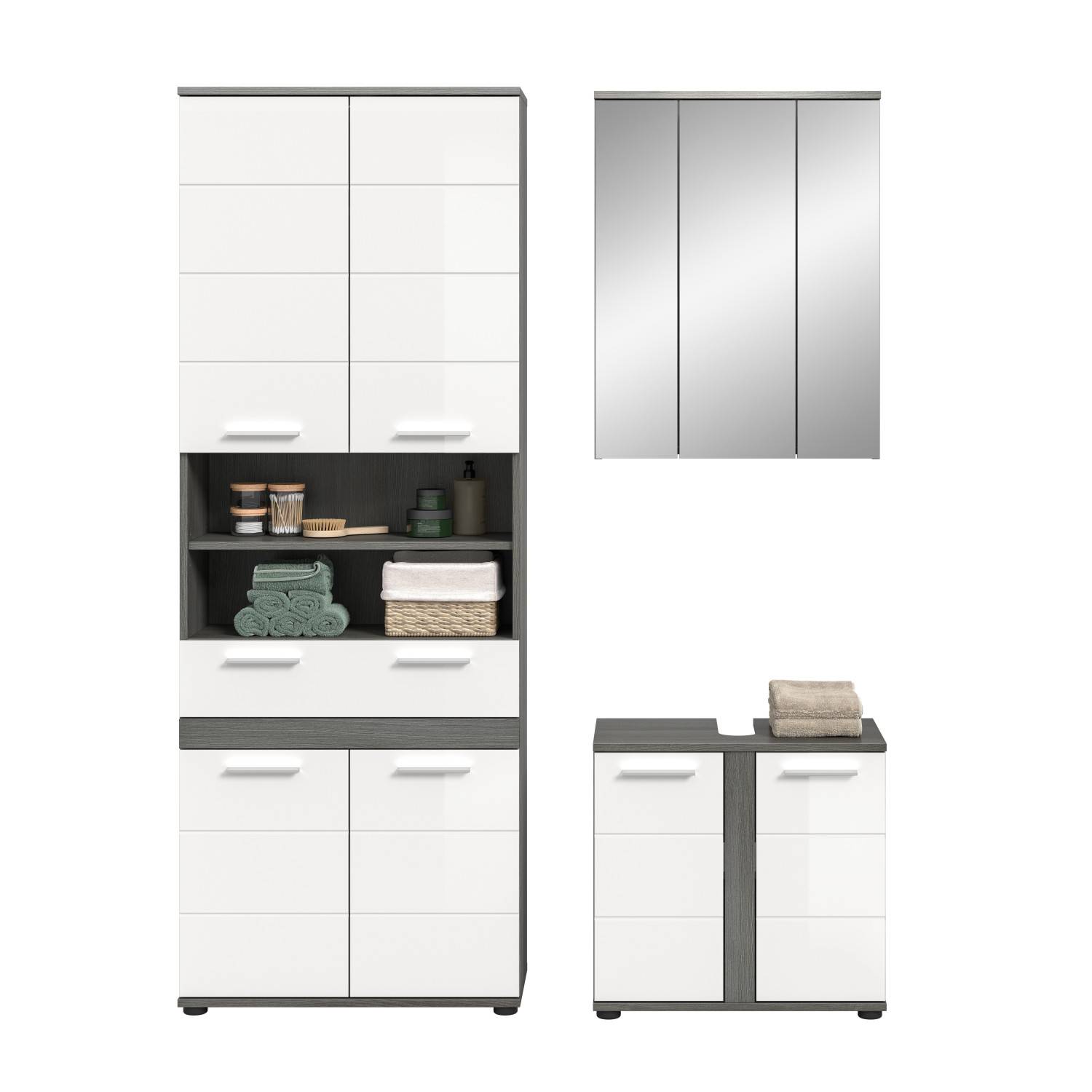 Elegantes dreiteiliges Waschplatz Set mit Badschränken in Weiß Hochglanz und grauer Holzoptik für das Bad – Chapan