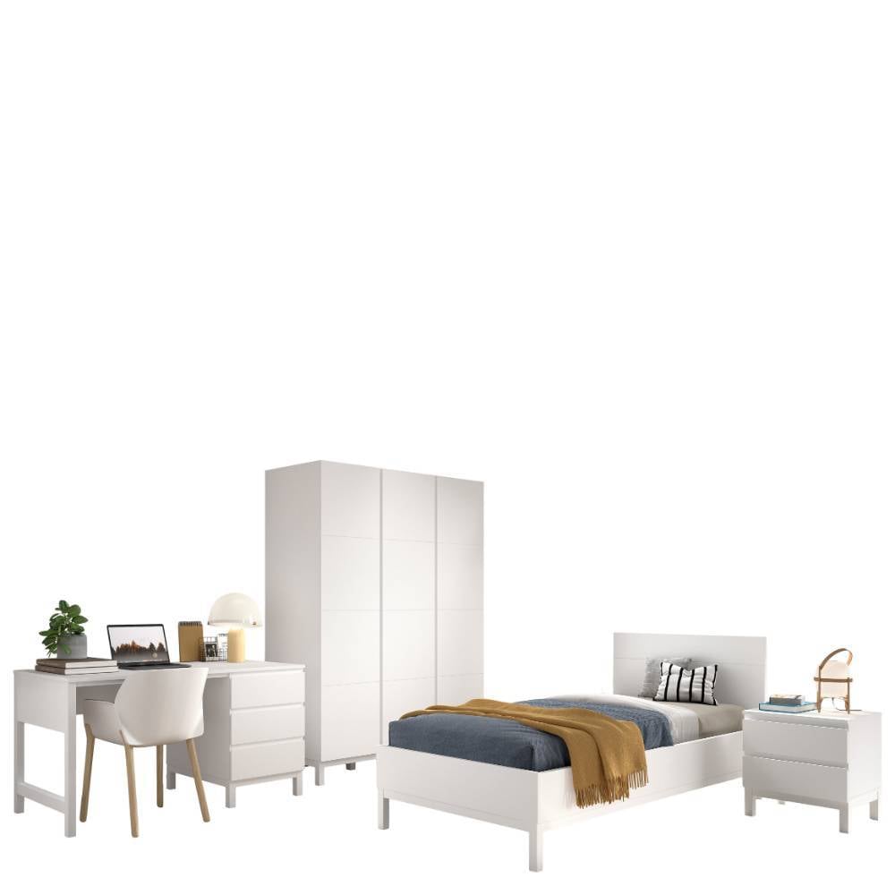 Weißes vierteiliges Jugendzimmer Set mit Bett, Kleiderschrank, Schreibtisch und Nachttisch – Crocinol