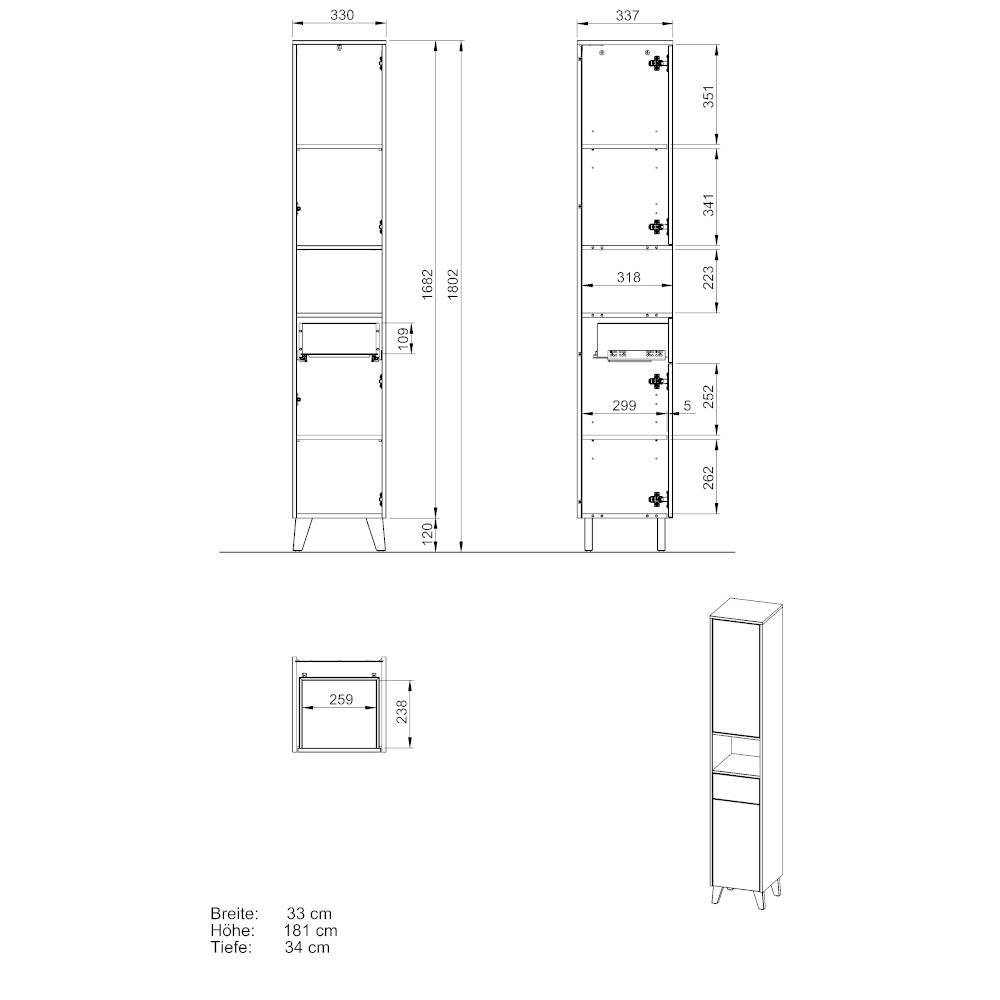 Bad Hochschrank in Hellgrau mit Eiche - Gonnaso