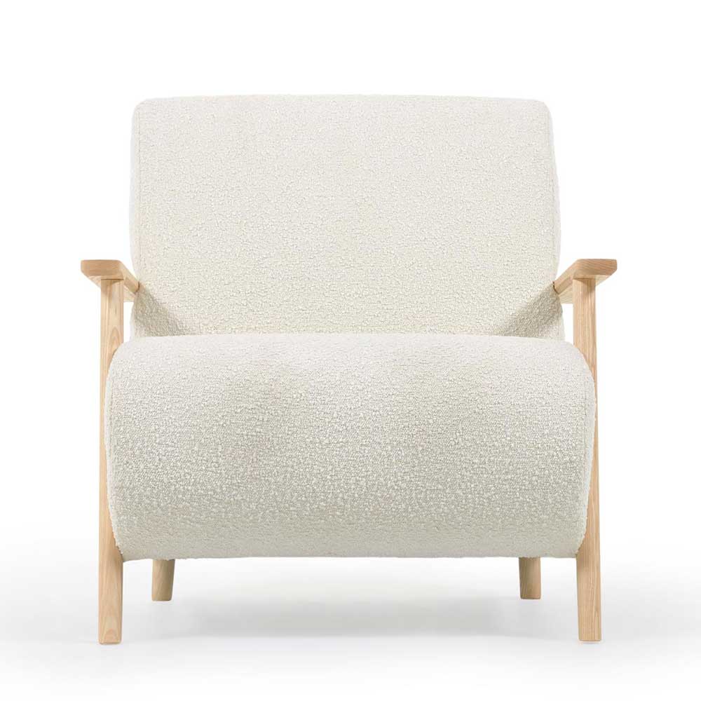Retro Sessel in Weiß Chenille mit Holz Armlehnen - Priemwa