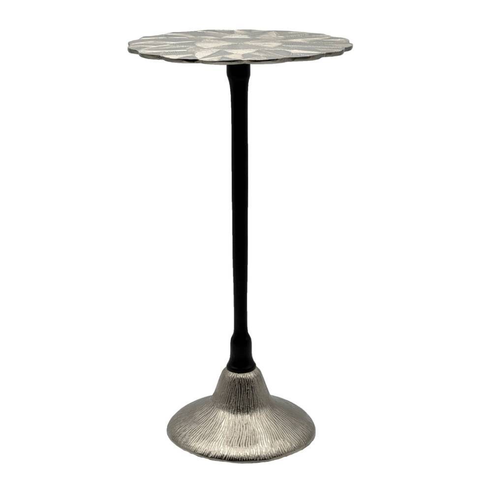 Freistehender Metall-Beistelltisch mit silberner Blüten-Design-Platte und schwarzem Fuß – Damrag