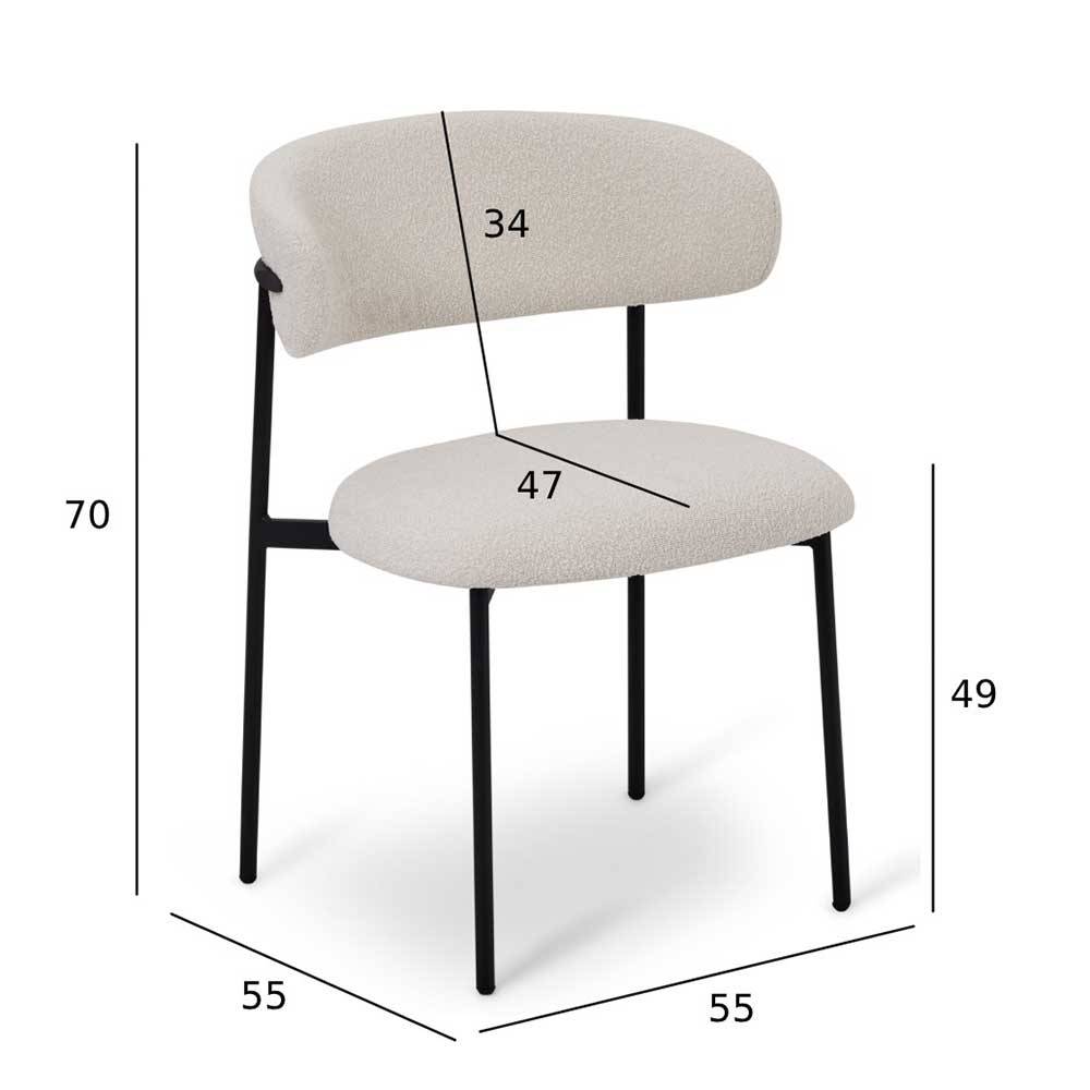 Design Esszimmerstuhl mit cremefarbenem Bouclé Stoff und schwarzen Metallbeinen Maße – Vuschea