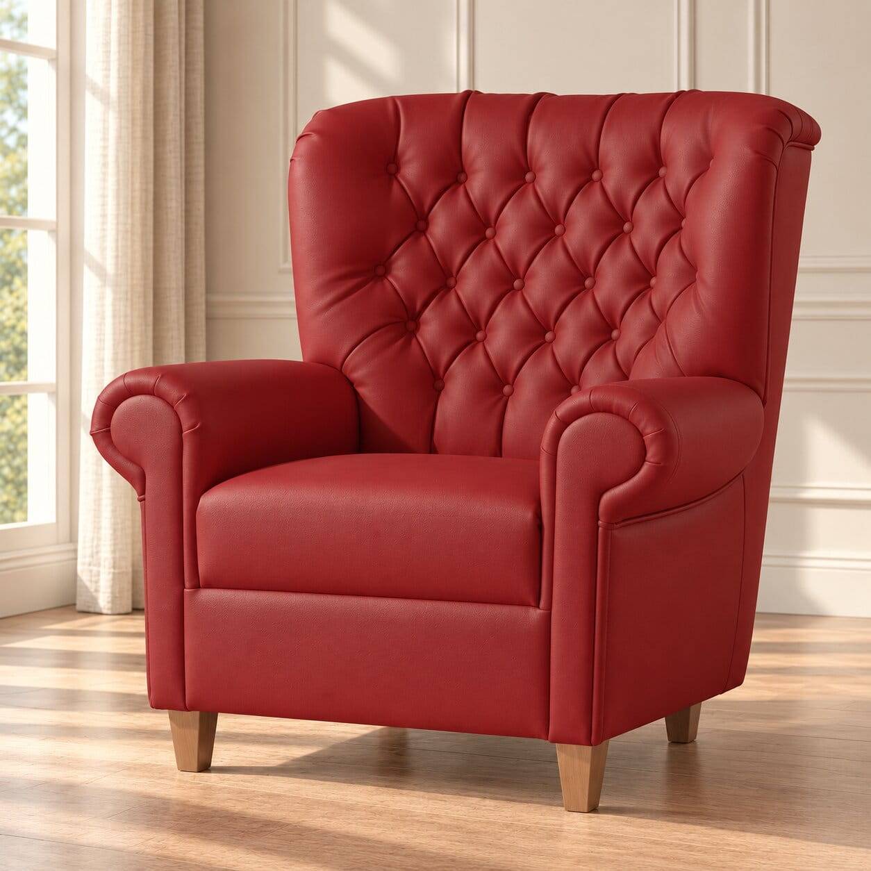 Roter Kunstleder Sessel im Chesterfield Look mit Holzbeinen in Buche