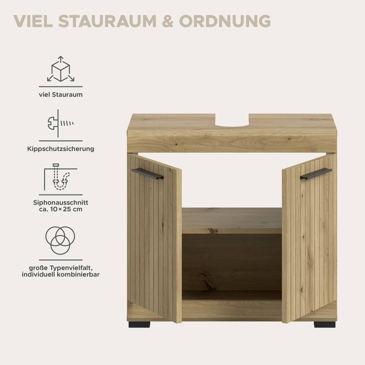 Badunterschrank mit viel Stauraum, Kippschutzsicherung und Siphonausschnitt – Lasewood