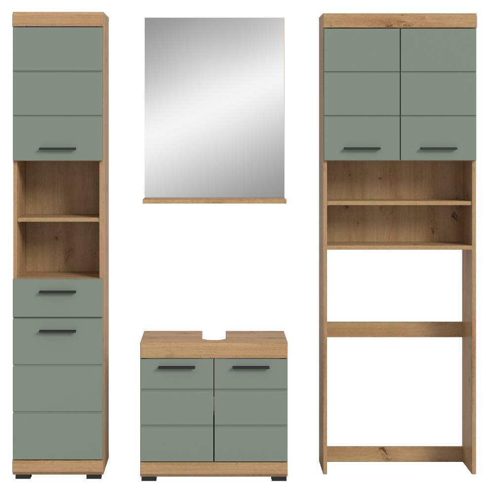 Vierteiliges Badmöbel Set in Eiche Optik und Salbeigrün für modernes Badezimmer Design – Tamdato