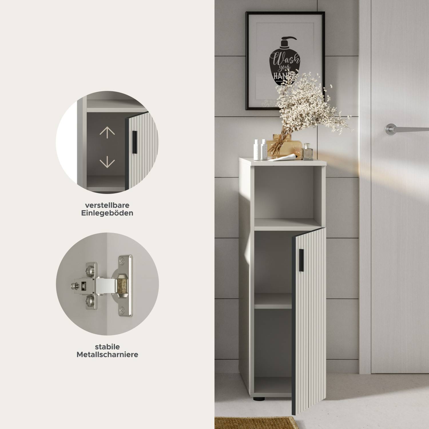 Badschrank grau mit verstellbaren Einlegeböden und stabilen Metallscharnieren für flexible Nutzung – Loktos
