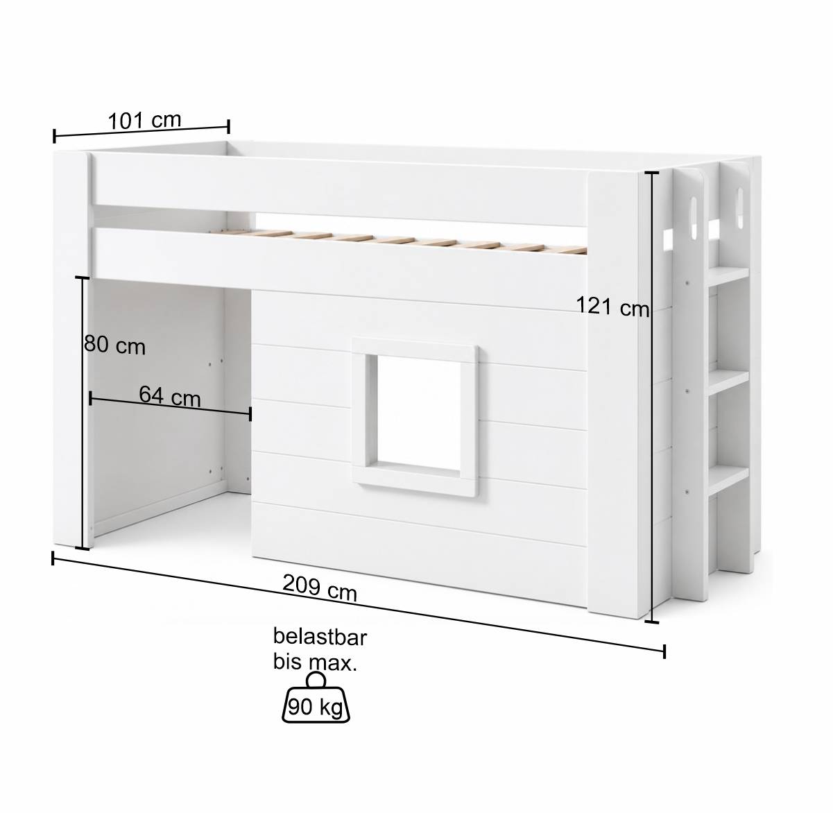 Kinder Hütten Hochbett in Weiß - Pedro