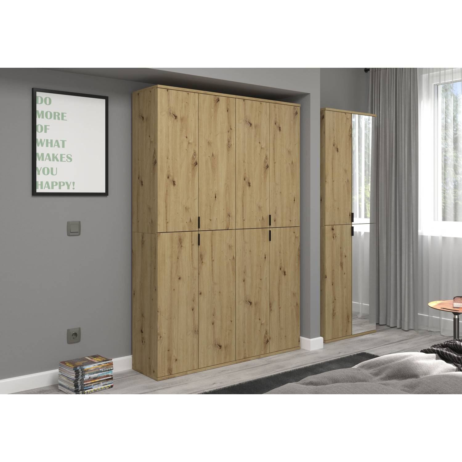 Großer Kleiderschrank aus Holzoptik-Modulen und passender Spiegelschrank für das Schlafzimmer – Pretty