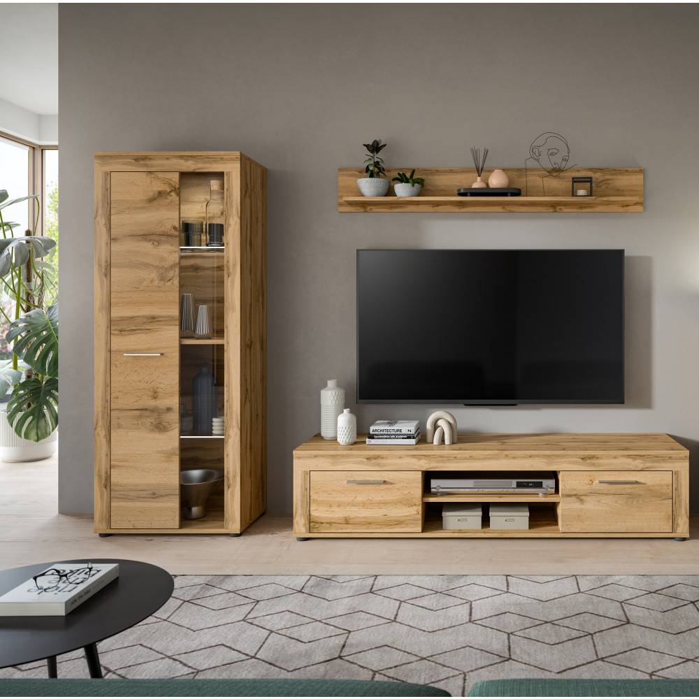 Wohnzimmer Schrankwand aus Eiche Melamin mit TV-Element, Wandablage und Hochschrank für Stauraum – Ianovar