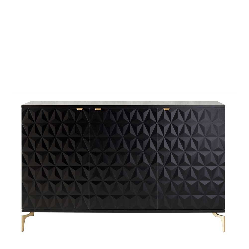 Schwarze Kommode mit geometrisch strukturierten Fronten, goldenen Griffen und Beinen – Ardit