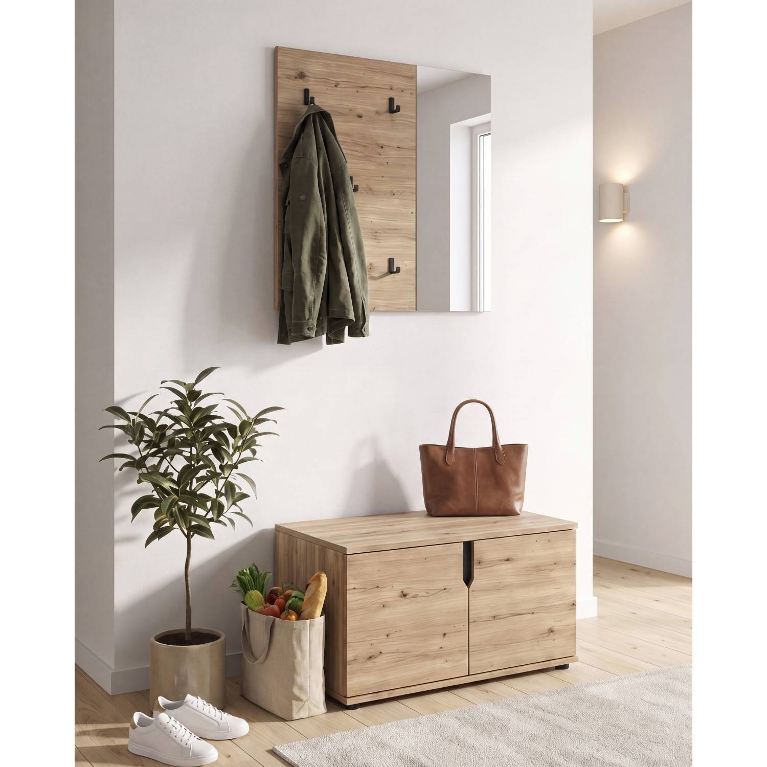 Kompakte Wandgarderobe in Pinienholz Optik mit Spiegel und Haken im Flur – Omy