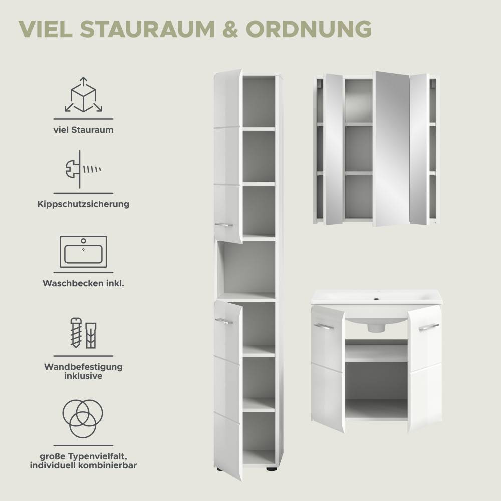 Badmöbel Set mit viel Stauraum, Kippschutzsicherung, inklusive Waschbecken und Wandbefestigung – Clona
