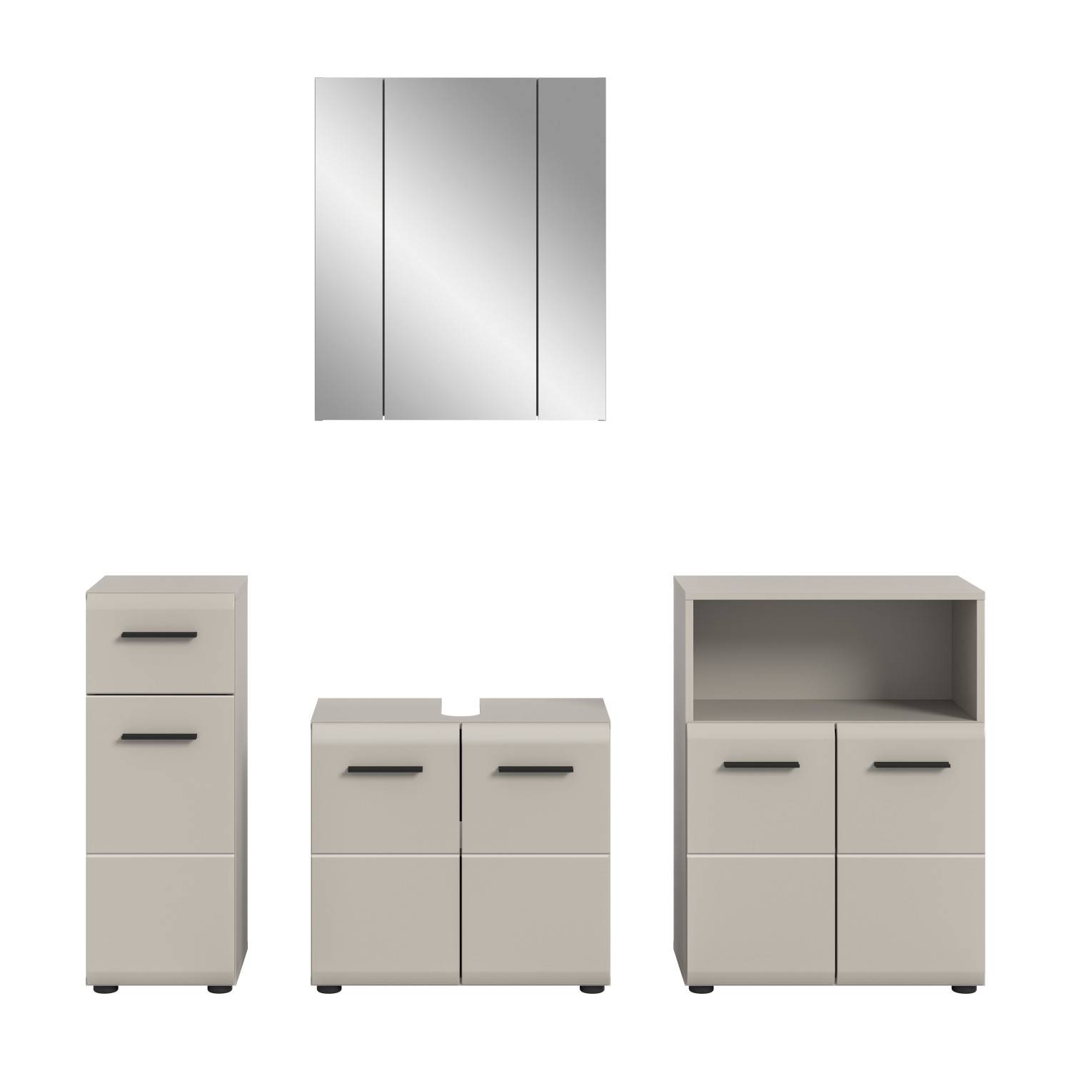 4-teiliges Badezimmerschrank-Set in Beige, alle Möbelstücke geschlossen und von vorne – Donostia