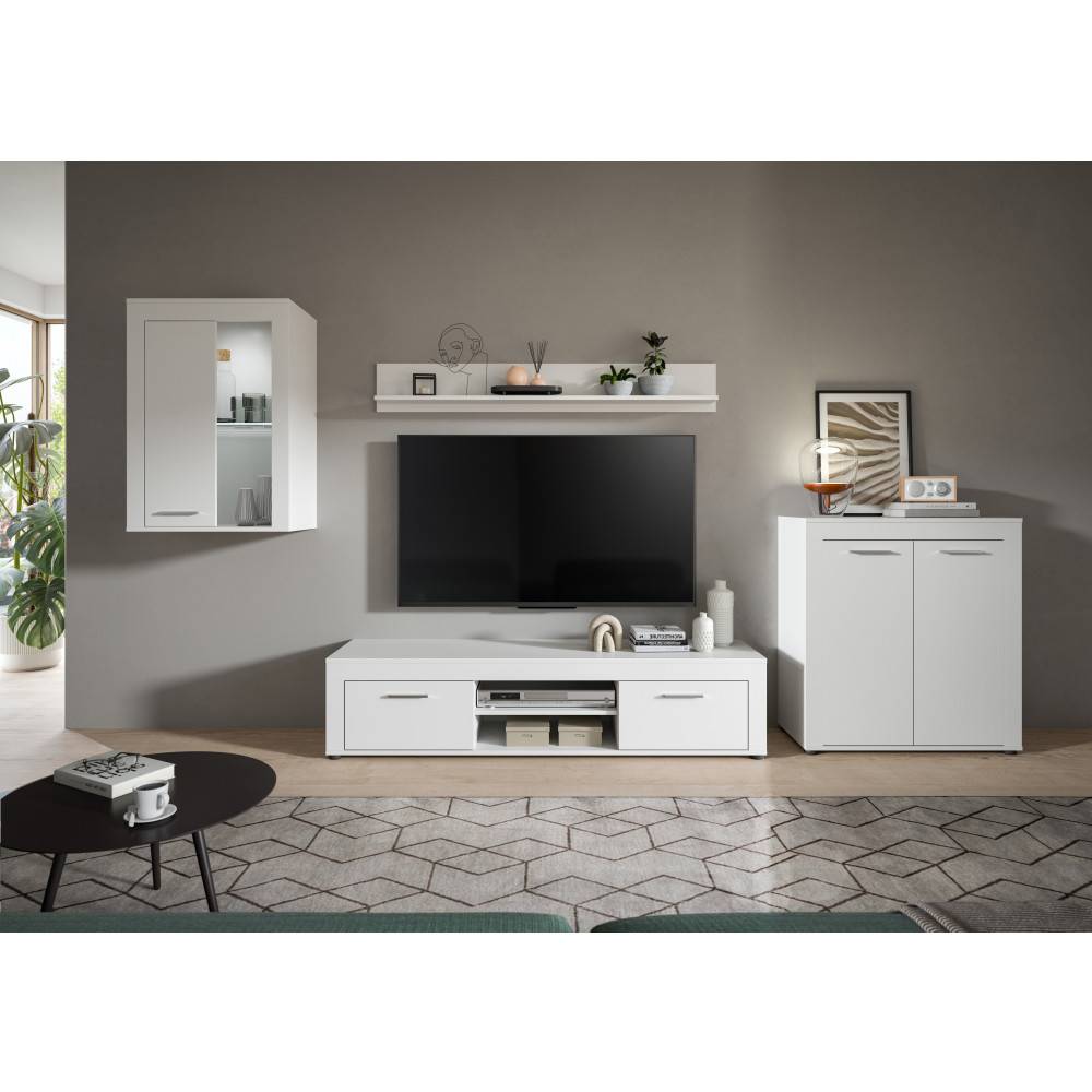 Weiße Schrankwand in griffloser Optik mit TV-Lowboard und Vitrinenschrank für das Wohnzimmer – Furoro