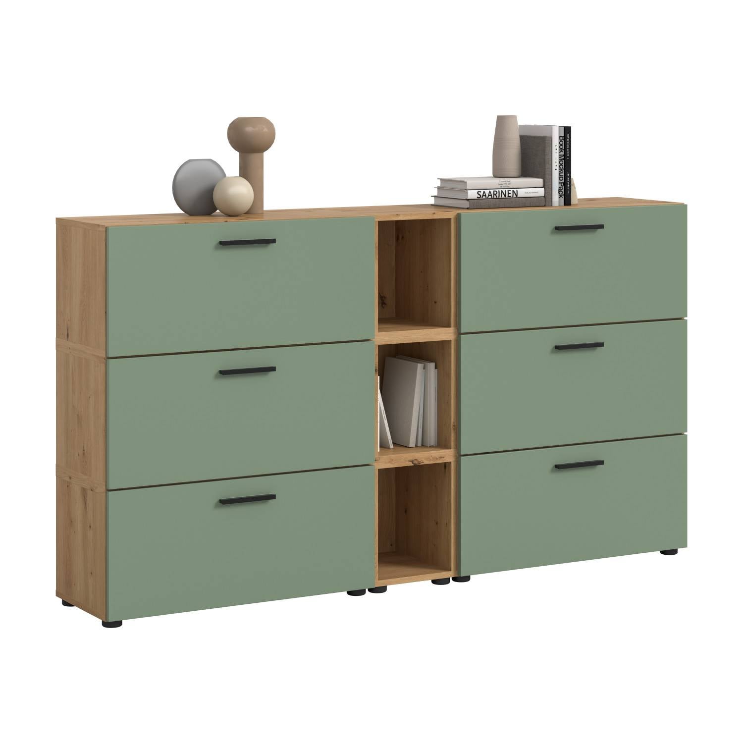 Dreiteiliges Sideboard in Holzoptik mit mintgrünen Türen und offenen Fächern für Wohnzimmer – Jonni