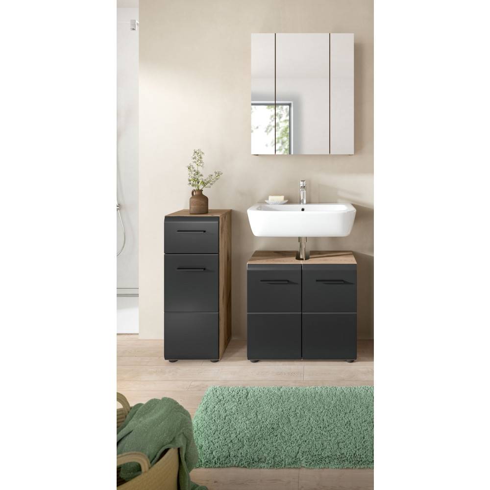 Elegantes Badmöbel Set mit Hochschrank, Waschtischunterschrank und Spiegelschrank in Holzoptik und Anthrazit – Karina