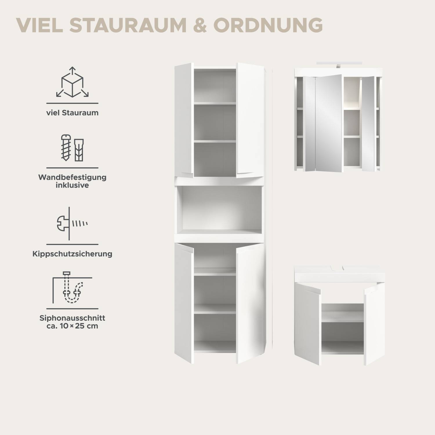 Viel Stauraum und praktische Funktionen des Badmöbel Sets mit Wandbefestigung und Kippschutz – Bruna