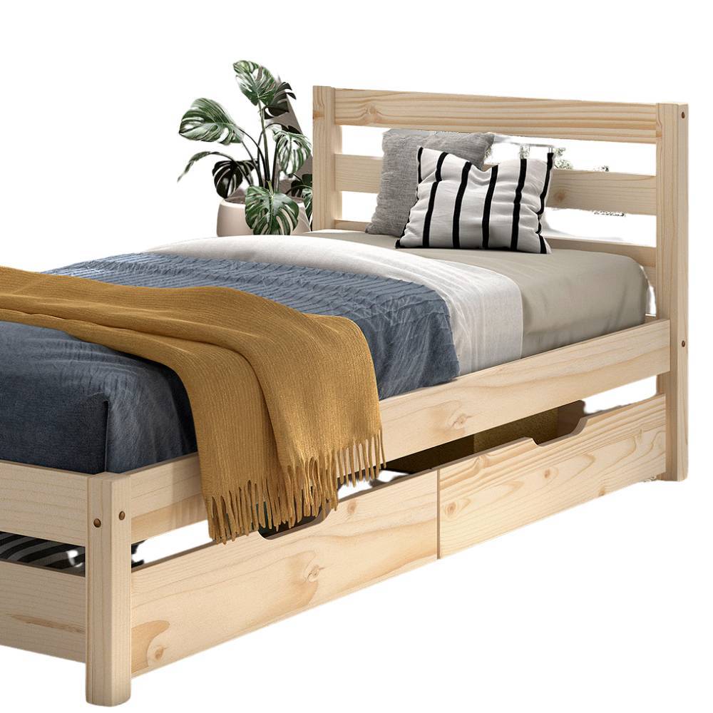 Holzbett Einzelbett aus Kiefernholz mit zwei Rollschubladen und Lattenrost-Kopfteil – Jilina