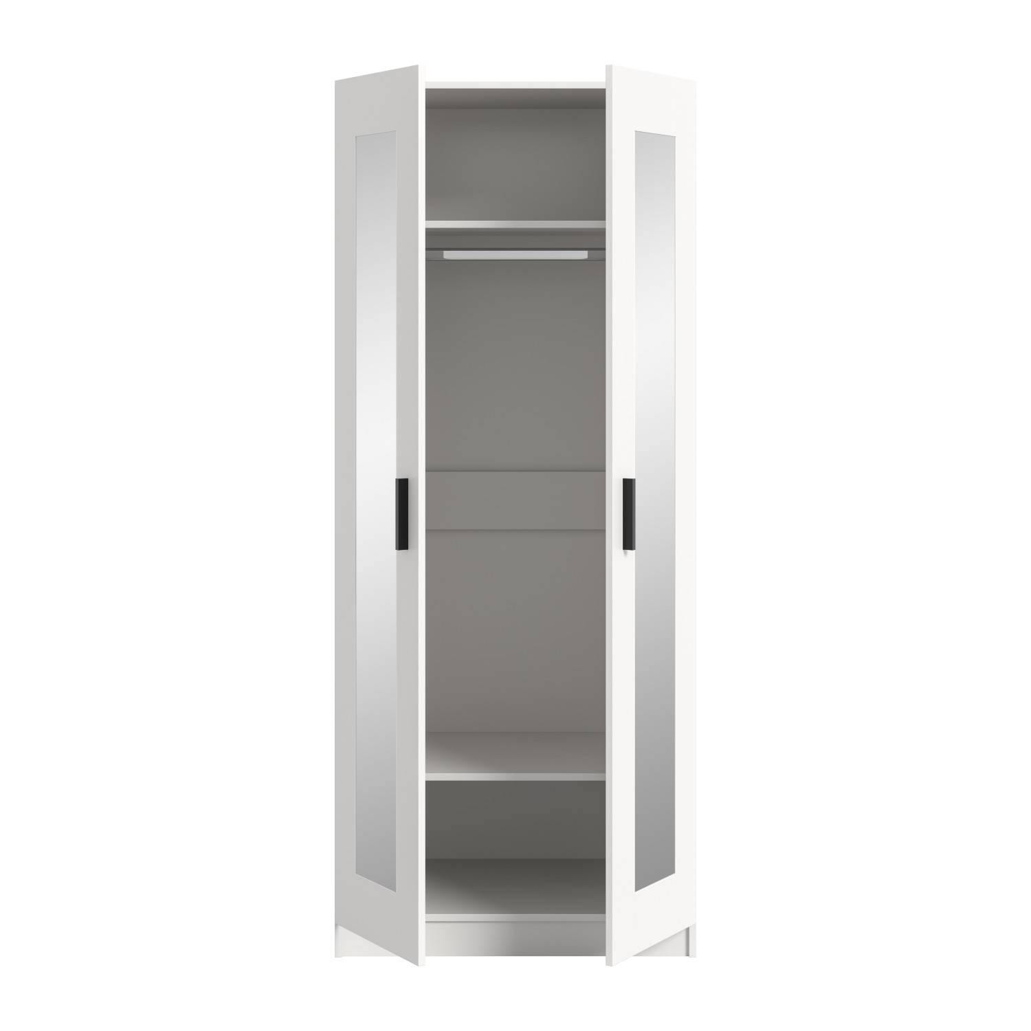 Offener weißer Drehtürenschrank mit Spiegelfronten, Kleiderstange und Fächern - Bilbo