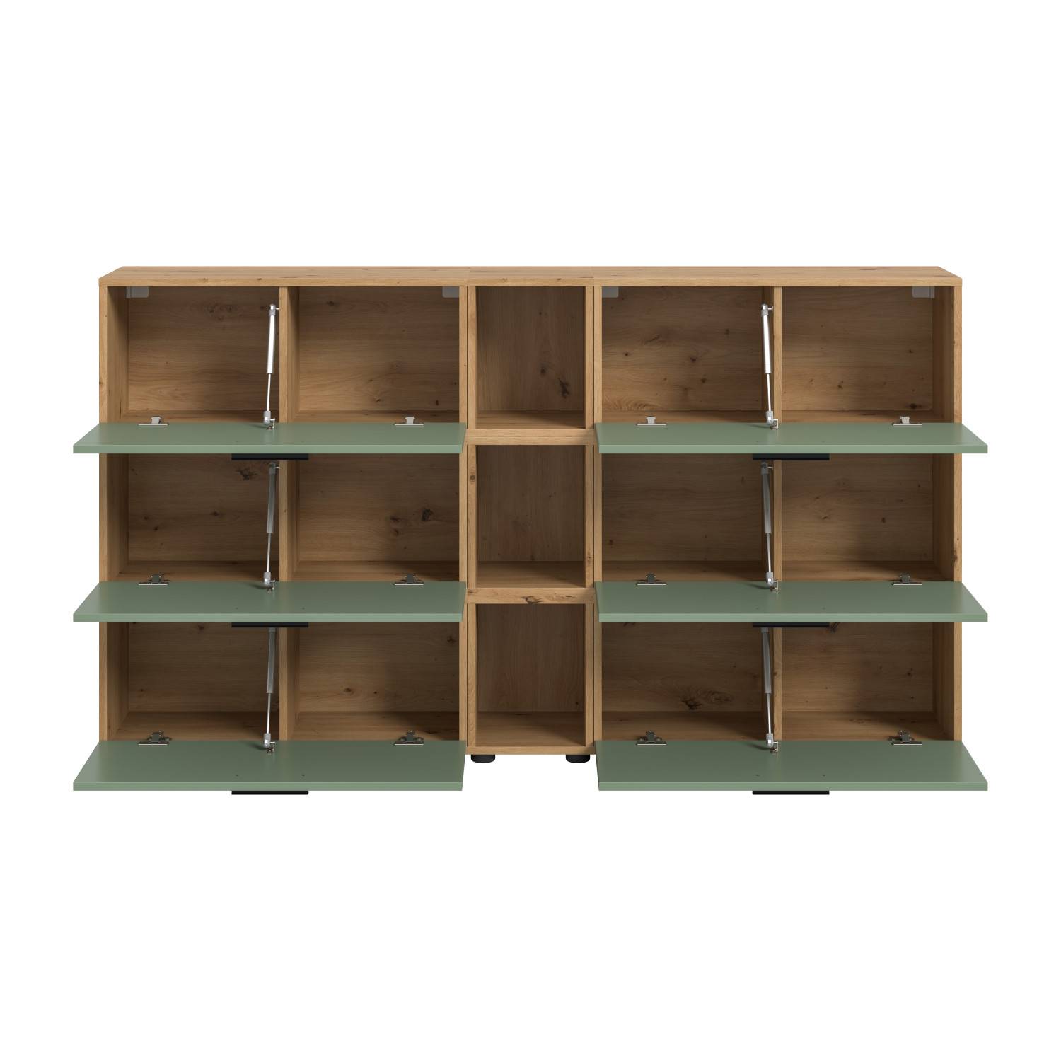 Offenes Sideboard mit grünen Klappen und Holzfächern für Wohnzimmer Stauraum – Jonni