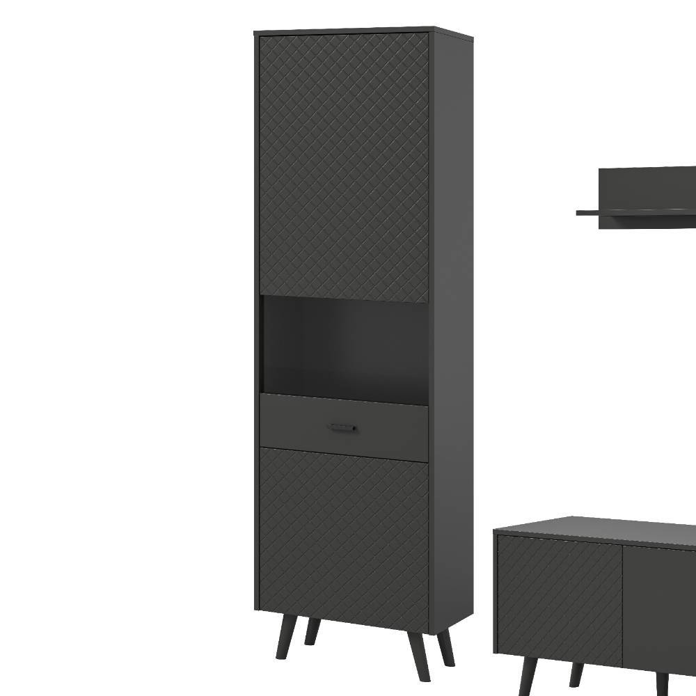 Mattgrauer Hochschrank der Wohnwand-Kombi mit rautenförmigem Muster, offenem Fach und Schublade – Adrionata