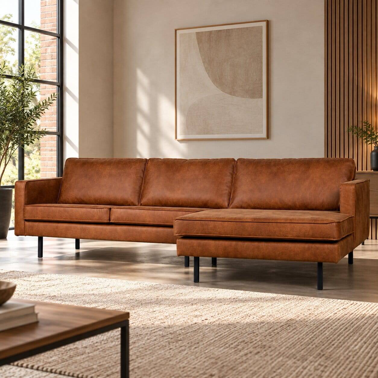 Kantiges Echtleder Ecksofa in Cognac Braun mit rechtsseitiger Recamiere – Artemi