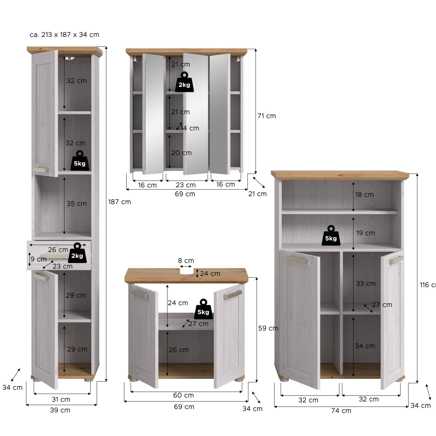 Maße des vierteiligen Badezimmerschrank Sets: Hochschrank, Waschtischunterschrank und Spiegelschrank – Tocella
