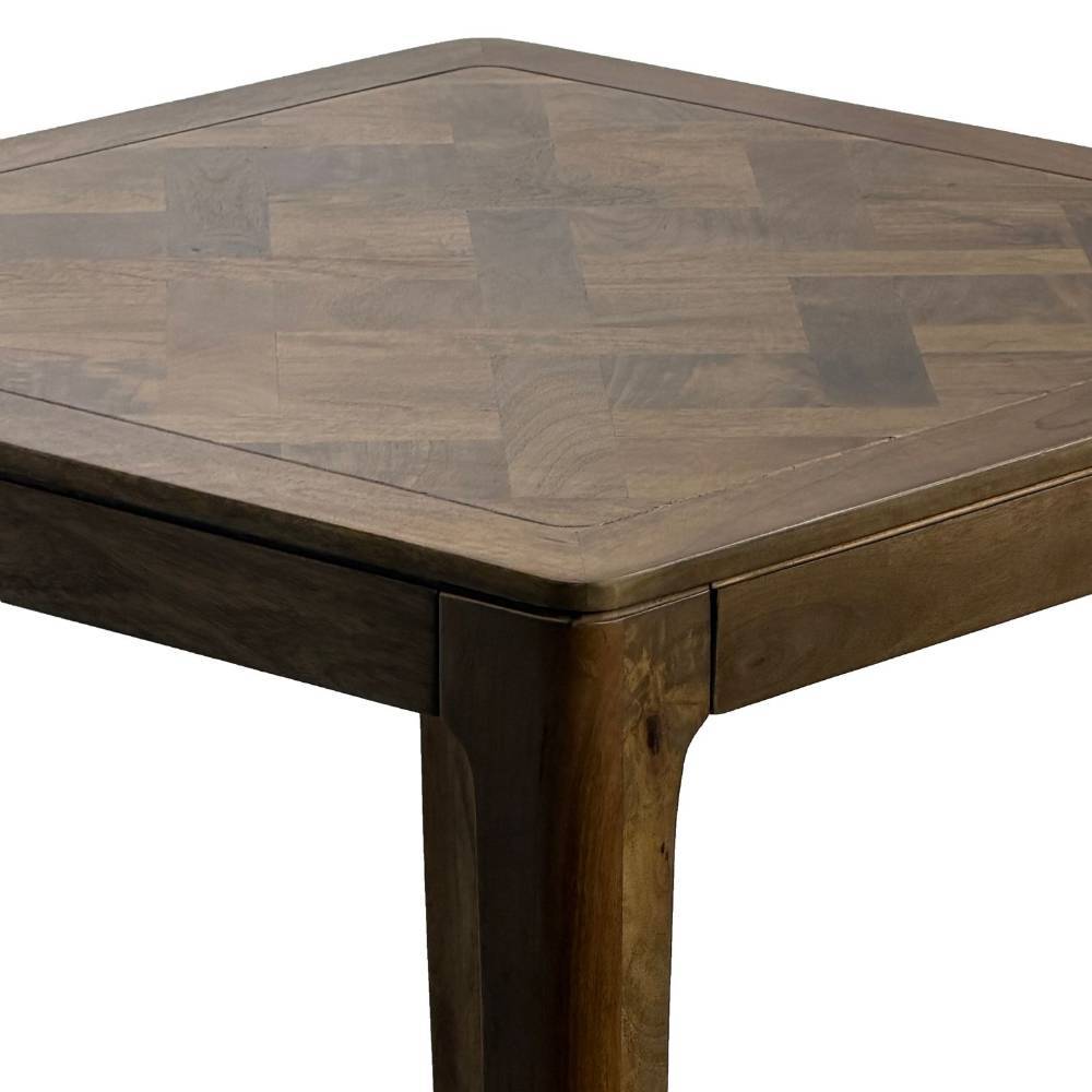 Detail der dunkelbraunen Tischplatte mit Holzmaserung und abgerundeten Ecken – Flexin