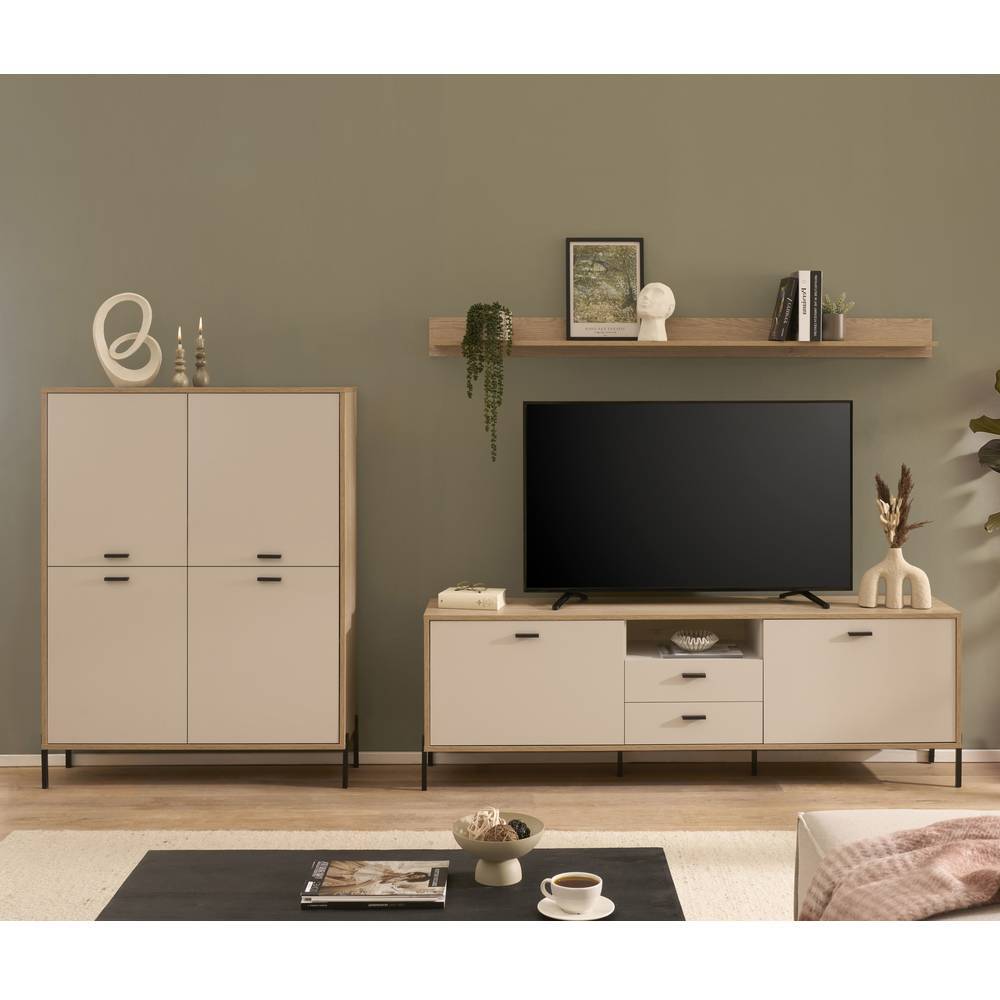 Dreiteiliges TV Wohnwand Möbel Set in heller Holzoptik und Beige für das moderne Wohnzimmer – Dasanti