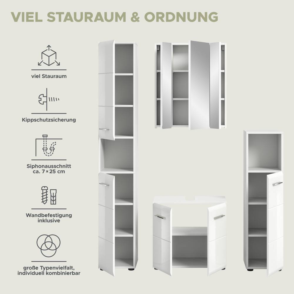 Vielseitiges vierteiliges Badmöbelset mit Stauraum, Kippschutz, Siphonausschnitt und Wandbefestigung – Clona