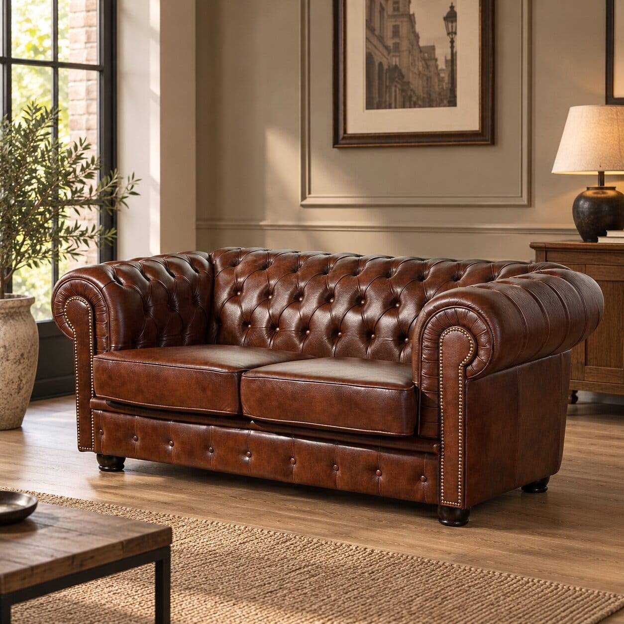 Chesterfield Zweisitzer Sofa in Braun - Pluna