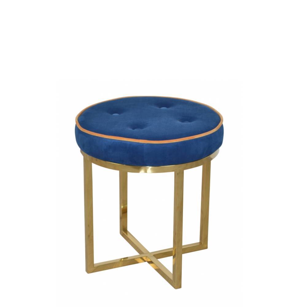 Hocker in Blau Samtbezug mit Knopfheftungen - Two