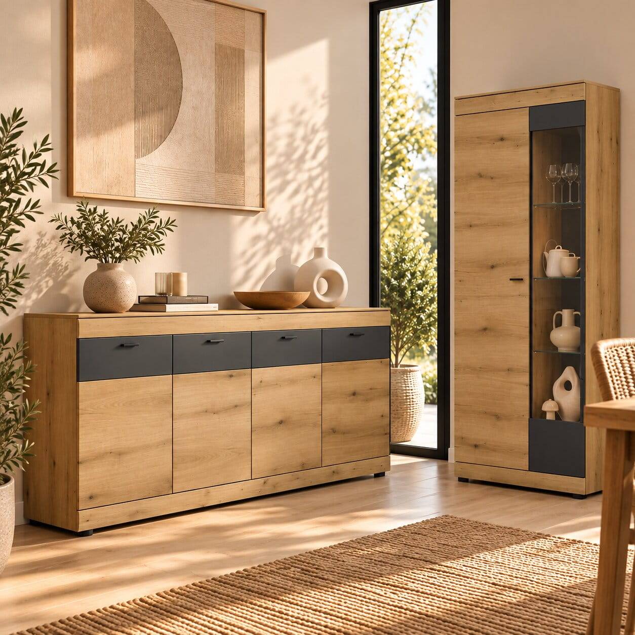 Vitrine und Sideboard Set in Eiche Optik - Addara (zweiteilig)