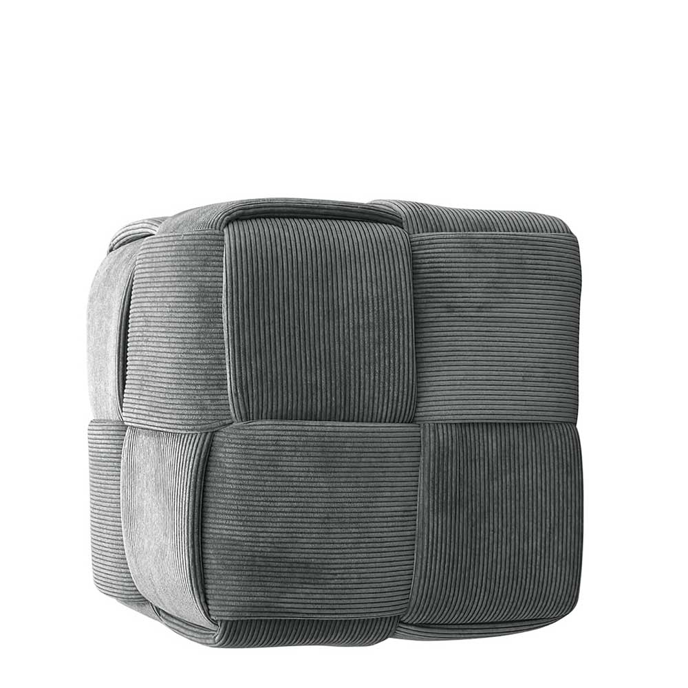 Quadratischer grauer Hocker aus Cordstoff mit einzigartiger Flechtmusterung – Picana