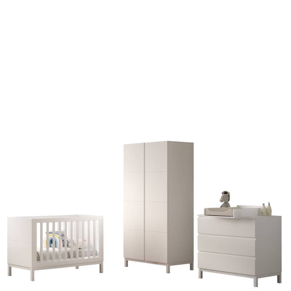 Weißes dreiteiliges Babyzimmermöbel Set mit Gitterbett, Kleiderschrank und Wickelkommode – Crocinol