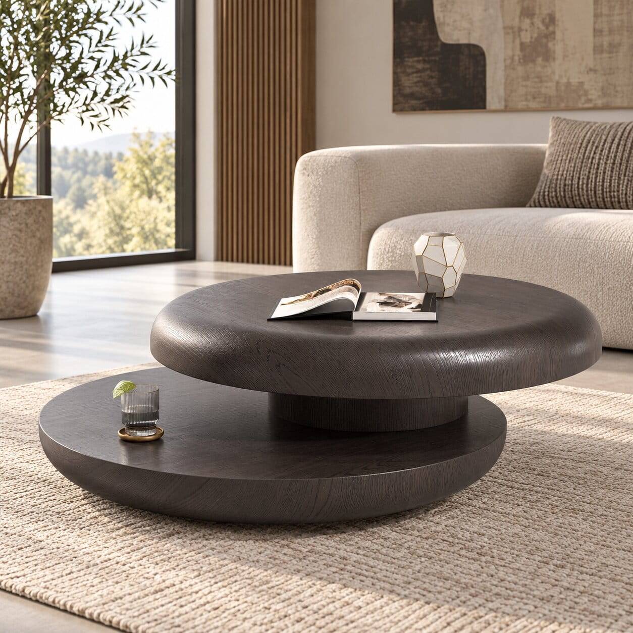 Design-Couchtisch mit schwenkbarer Platte mit Holzfurnier Schwarz