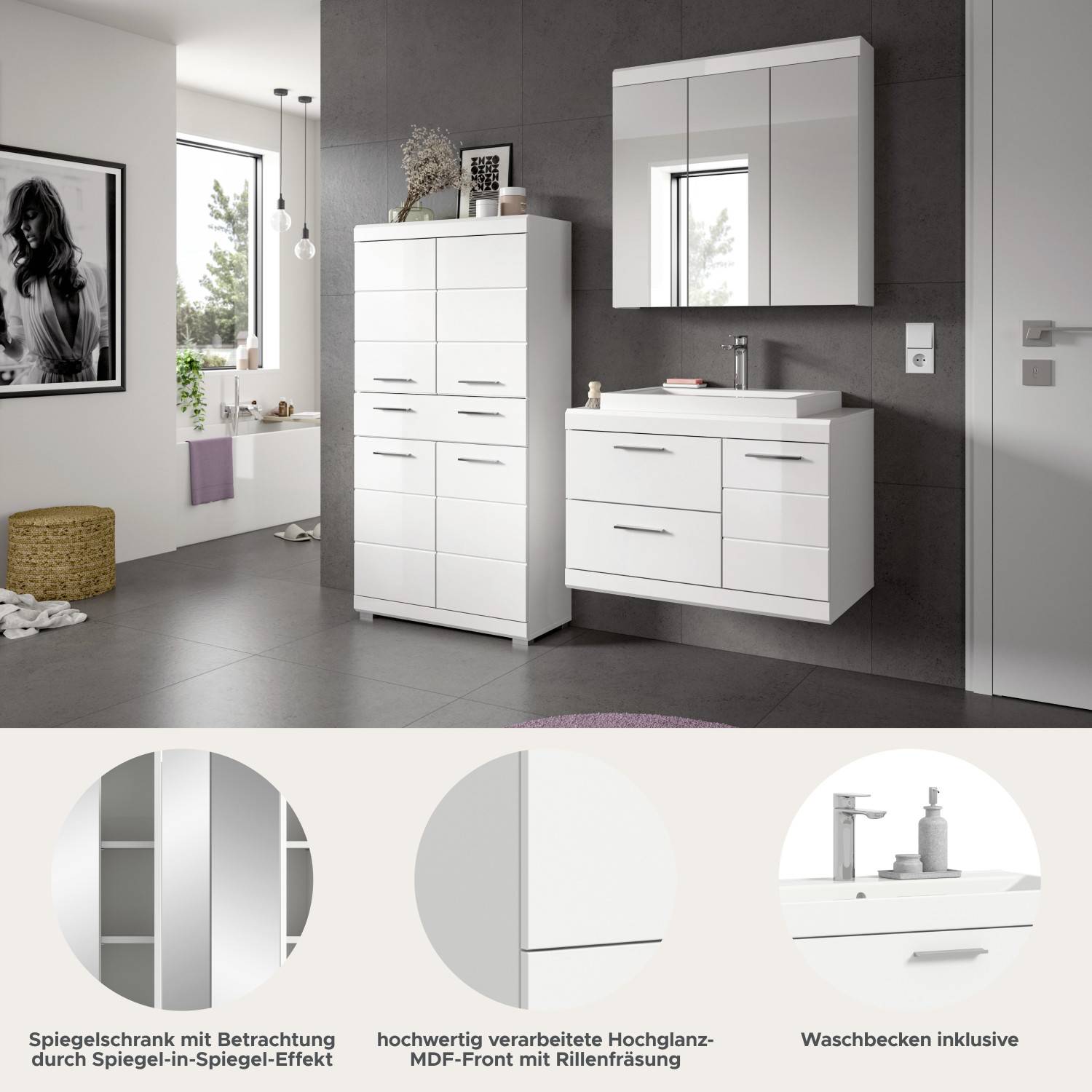 Spiegelschrank mit Spiegel-Effekt, Hochglanz-MDF-Front und integriertem Waschbecken – Nanila