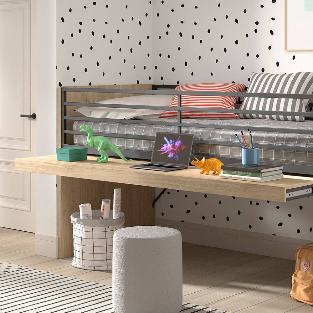 Hohes Kinderbett mit integriertem Schreibtisch und Stauraum in heller Holzoptik und Anthrazit – Choice