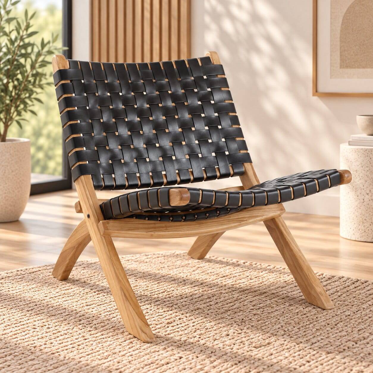 Moderner Lounge Klappstuhl aus Echtleder und Teak Massivholz