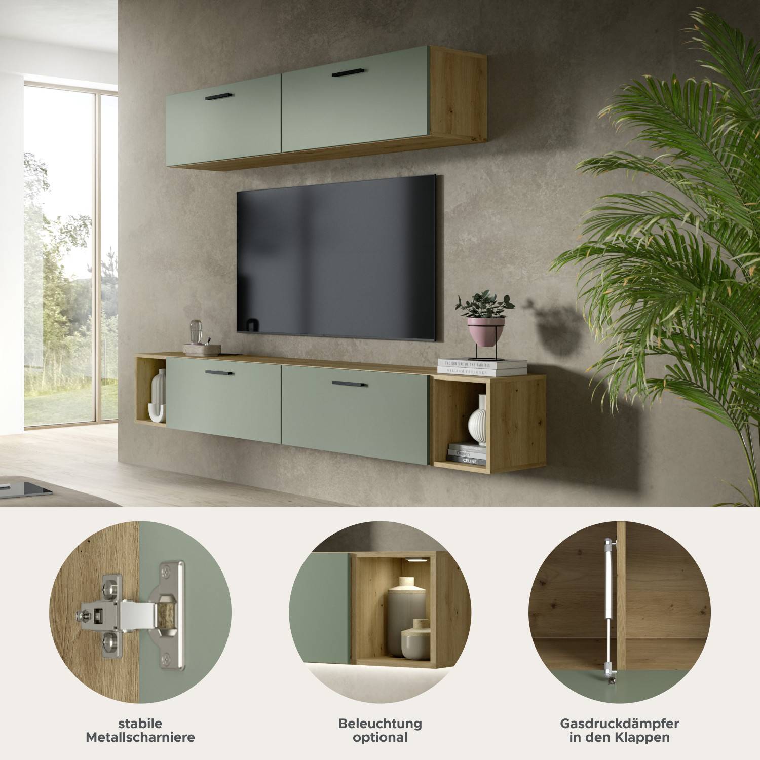 TV-Board mit Wandschrank – stabile Metallscharniere, optionale Beleuchtung und Gasdruckdämpfer – Jonni